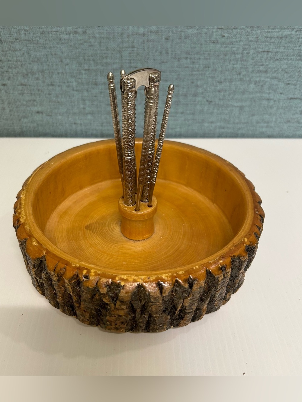 Vintage Live Edge Wooden Nut Bowl Set with Cracker and 4 Picks